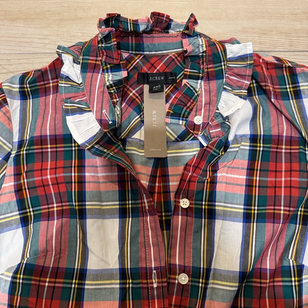 J Crew Ruffle neck classic-fit boy shirt in snowy Stewart tartan XXS - Picture 6 of 6